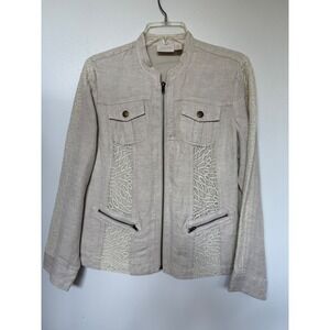 Chico's Petite 1 Linen Jacket Lace Inset Zip Front Neutral Tan Lightweight